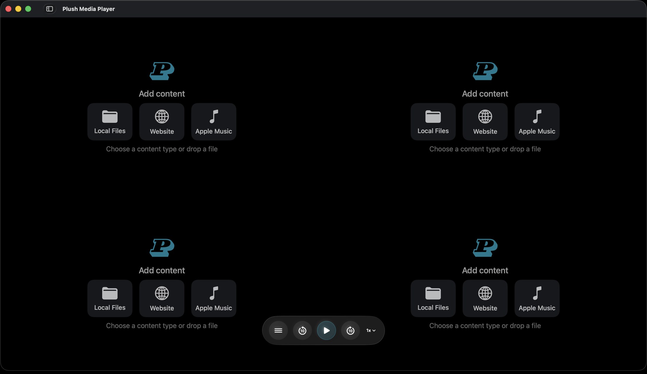 Plush Media Player showing a clean two-by-two grid of empty Add Content tiles for local files, the web, and music.