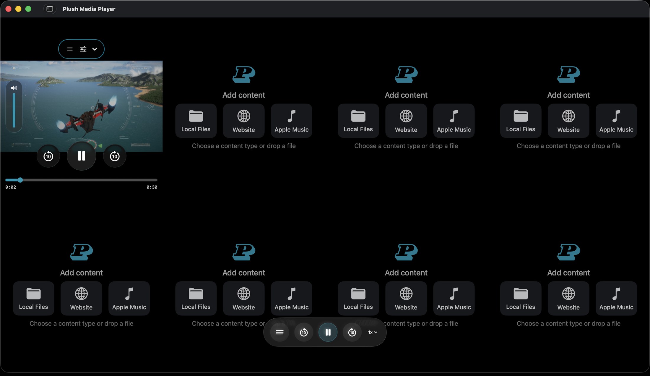 Plush Media Player playing one video in an eight-tile grid, with the remaining tiles open and ready for more.