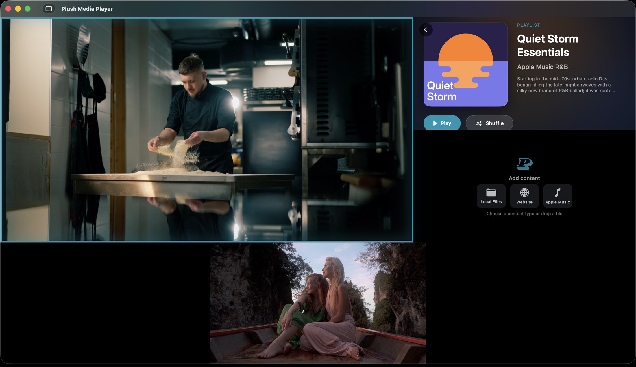 Plush Media Player in hero layout: a large featured video beside an Apple Music panel and a smaller video.