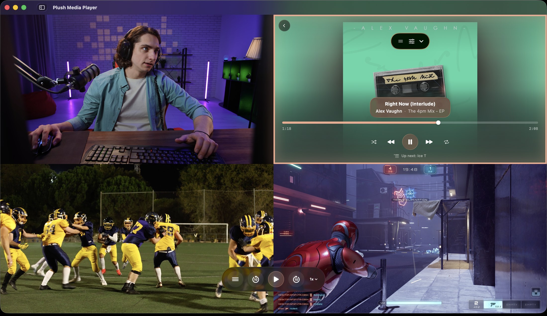 Plush Media Player grid with one tile focused, its audio playing while the other windows stay muted.