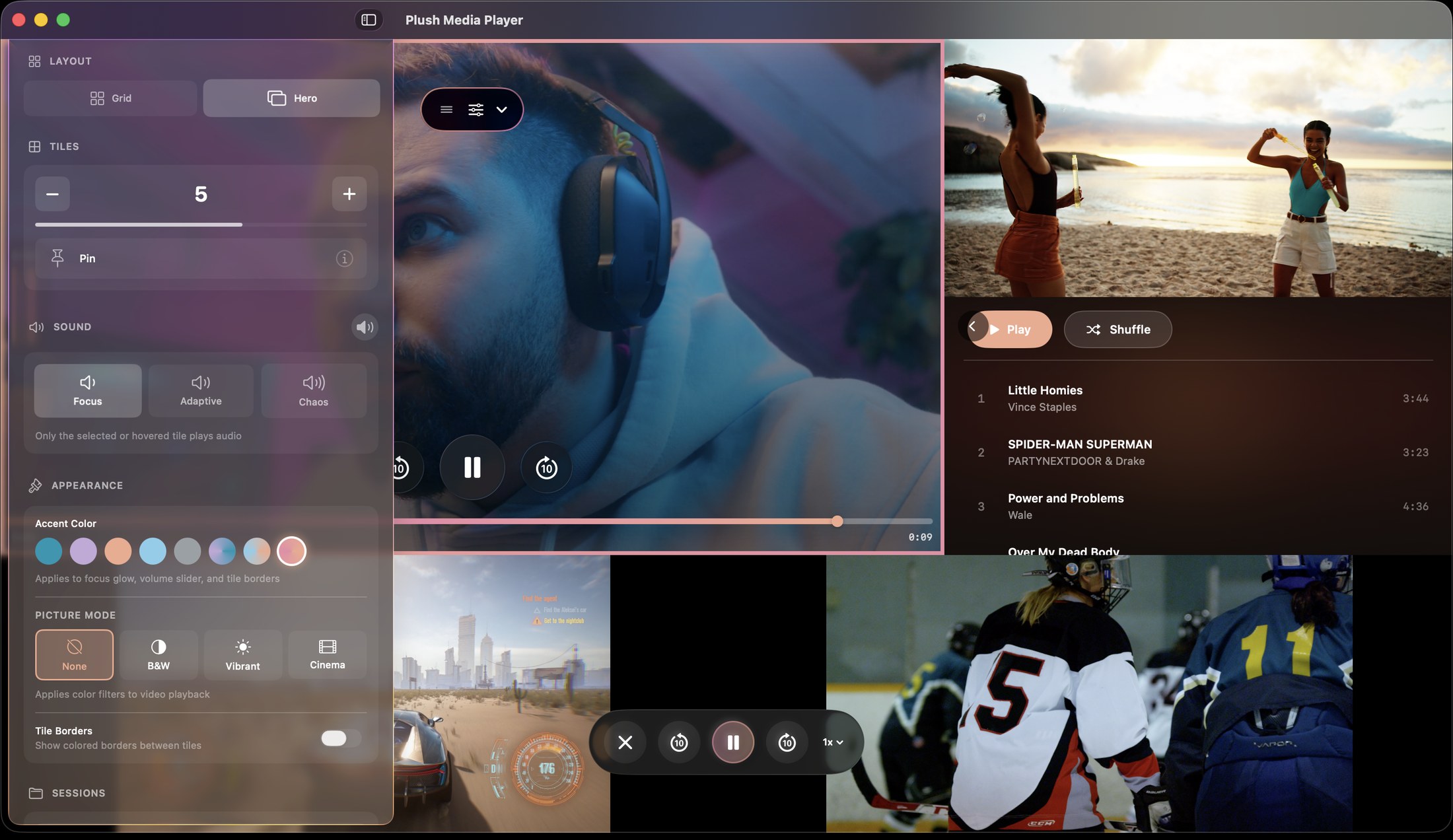 Plush Media Player showing advanced audio and visual controls floating over a playing video.