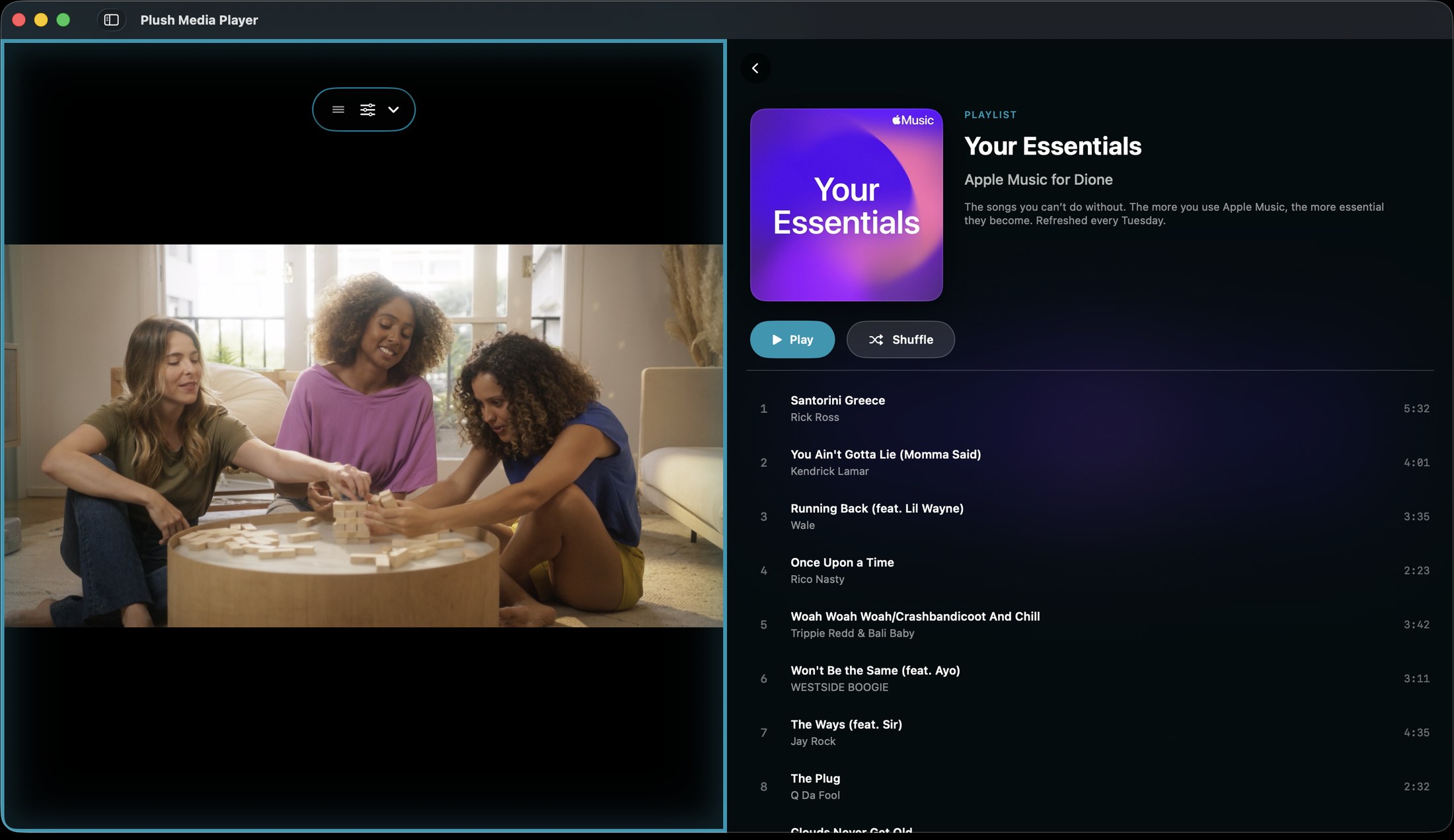 Plush Media Player with a saved layout: a video alongside an Apple Music Your Essentials playlist.
