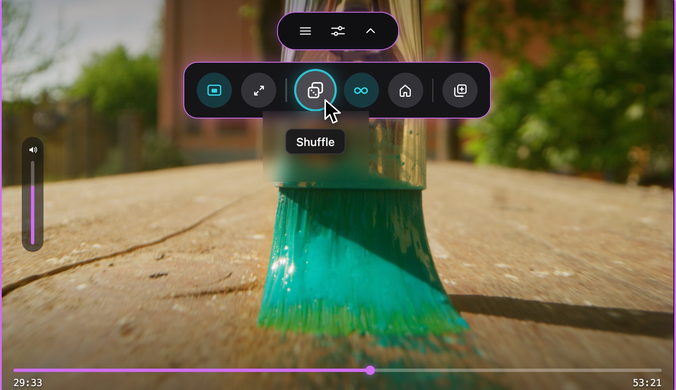 Plush Media Player's Shuffle Mode playing a random video with continuous playback controls visible.